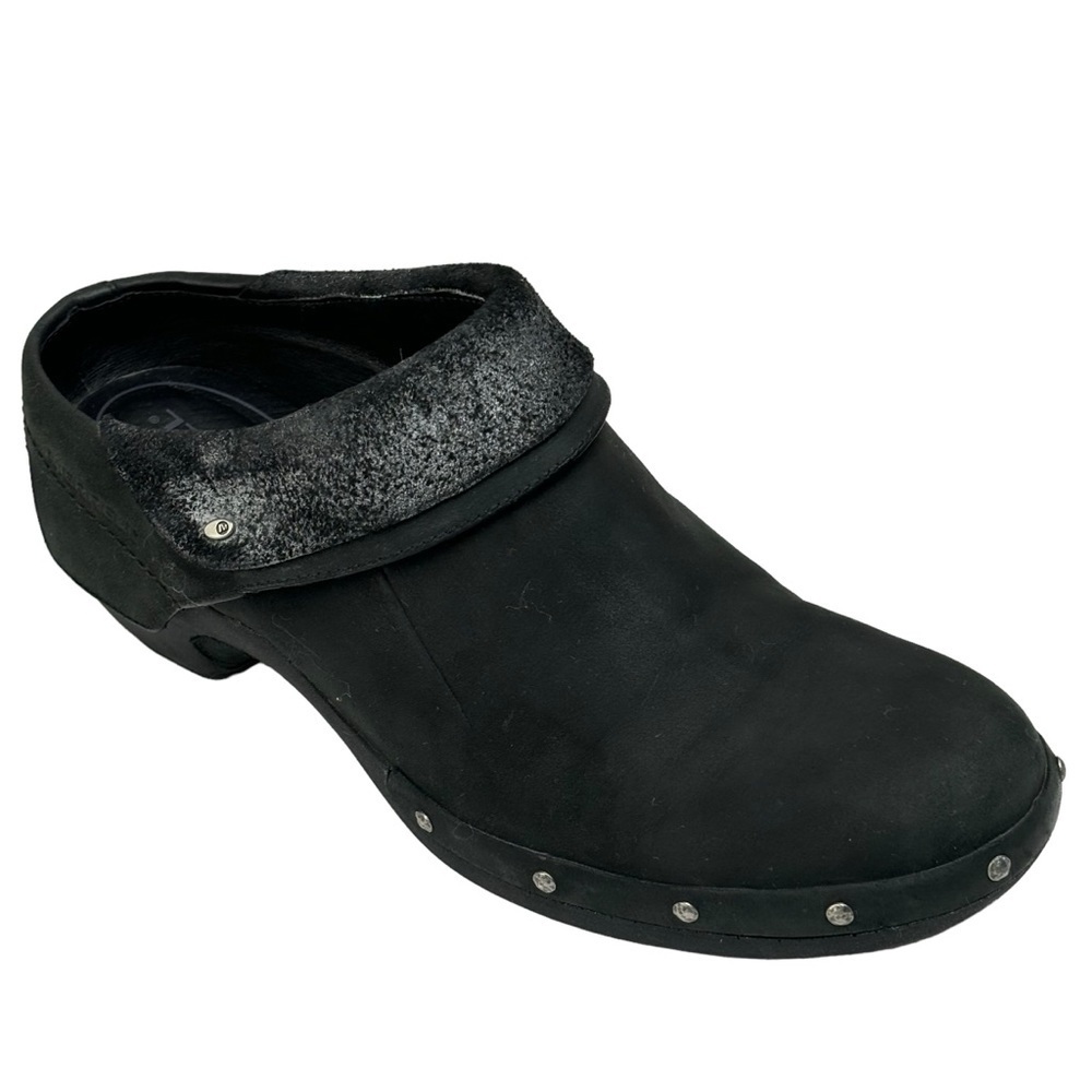 Merrell Black Luxe Leather Wrap 2.5” Slip On Clog w Nickel Stud Accents Size 11 - Picture 2 of 14
